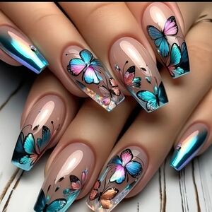 24 Pcs Butterfly Nail Art with Blue and Pink Accents Buy One Get One Free